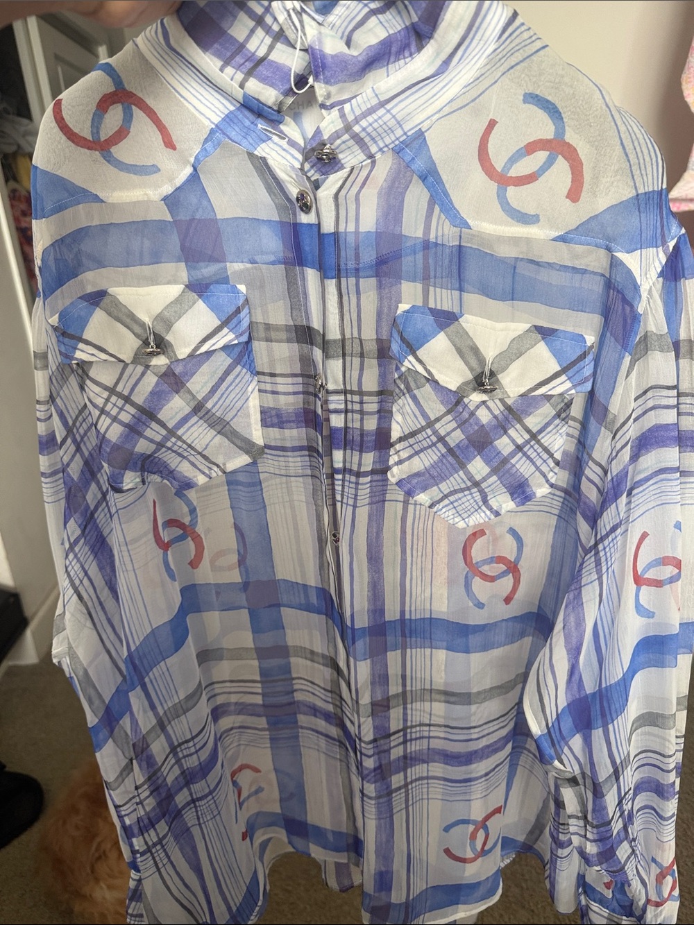 CHANEL Blue, White and Red Plaid Silk Button-Down Shirt